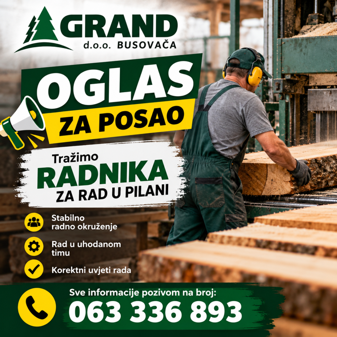 GRAND d.o.o. Busovača zapošljava: Otvoreno radno mjesto u pilani